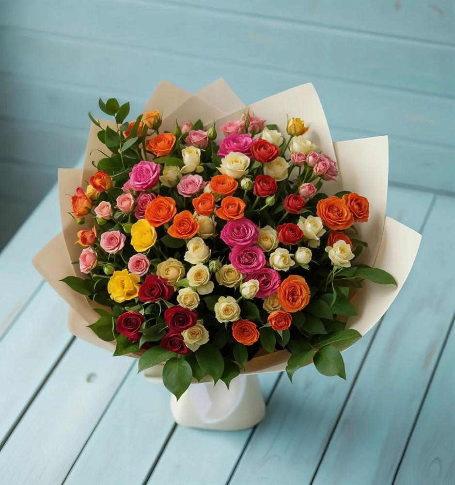 Букет Микс из разноцветных кустовых роз в Стрелице