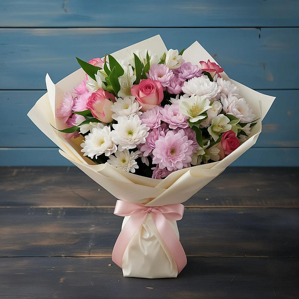 Букет цветов из: Хризантемы, Альстромерии и Розы в Стрелице